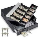 Volcora 13" Cash Register Drawer for Point of Sale (POS) System with Fully Removable 2 Tier Cash Tray, 4 Bill/5 Coin, 24V, RJ11/RJ12 Key-Lock, Double Media Slot, Small Money Drawer, Black