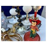 Ten vintage table lamps and 1 hanging lamp