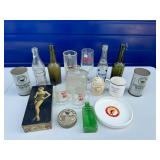 Vintage bottle and glass lot with metal box