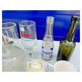 Vintage bottle and glass lot with metal box