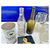 Vintage bottle and glass lot with metal box