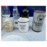 Vintage bottle and glass lot with metal box