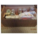 Box of Christmas ornaments and cand...