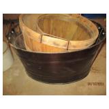 Tin bucket and baskets, stoneware c...
