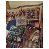 Pillows, floor mat and vintage blan...