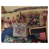 Pillows, floor mat and vintage blan...