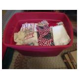 Tote of vintage linens and fabric...