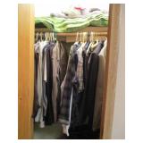 Closet contents. Mens button up shirts, dress pants, hats, blankets and more