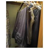 Closet contents. Mens button up shirts, dress pants, hats, blankets and more