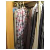 Closet contents. Mens button up shirts, dress pants, hats, blankets and more