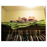Closet contents. Mens button up shirts, dress pants, hats, blankets and more