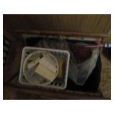 Vintage sewing basket with yarn. Floral design