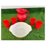 Kool Aid Pitcher & Cups & Fire-King Bowl