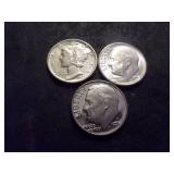 1942 Mercury, 1955 Roosevelt (Silver) & 1976 Roosevelt Proof Dime