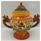 RARE Vintage American Made Majolica Style Pottery Hand Painted Tureen, Soup Server With Dwarves & Griffins Whimsical 13"T x 15" L x 10" W