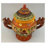 RARE Vintage American Made Majolica Style Pottery Hand Painted Tureen, Soup Server With Dwarves & Griffins Whimsical 13"T x 15" L x 10" W