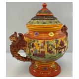 RARE Vintage American Made Majolica Style Pottery Hand Painted Tureen, Soup Server With Dwarves & Griffins Whimsical 13"T x 15" L x 10" W
