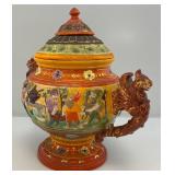 RARE Vintage American Made Majolica Style Pottery Hand Painted Tureen, Soup Server With Dwarves & Griffins Whimsical 13"T x 15" L x 10" W