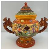 RARE Vintage American Made Majolica Style Pottery Hand Painted Tureen, Soup Server With Dwarves & Griffins Whimsical 13"T x 15" L x 10" W