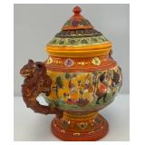 RARE Vintage American Made Majolica Style Pottery Hand Painted Tureen, Soup Server With Dwarves & Griffins Whimsical 13"T x 15" L x 10" W