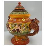 RARE Vintage American Made Majolica Style Pottery Hand Painted Tureen, Soup Server With Dwarves & Griffins Whimsical 13"T x 15" L x 10" W