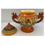 RARE Vintage American Made Majolica Style Pottery Hand Painted Tureen, Soup Server With Dwarves & Griffins Whimsical 13"T x 15" L x 10" W