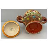RARE Vintage American Made Majolica Style Pottery Hand Painted Tureen, Soup Server With Dwarves & Griffins Whimsical 13"T x 15" L x 10" W