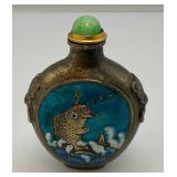 Vintage Chinese Brass & Enamel Koi Snuff Bottle 3" H x 2" L x 1 1/4" W