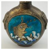 Vintage Chinese Brass & Enamel Koi Snuff Bottle 3" H x 2" L x 1 1/4" W