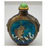 Vintage Chinese Brass & Enamel Koi Snuff Bottle 3" H x 2" L x 1 1/4" W