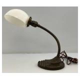 Vintage Metal Base Goose-Neck Lamp With Milk Glass Shade