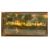 Framed Behind Glass In Vintage Frame & Print  "The Home Of The Heron"  By George Inness