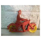 VINTAGE AUBURN POLICE RUBBER MOTORCYCLE, RED W/ YELLOW WHEELS - APPROX 6" LONG By 5" TALL - AWESOME OLD SCHOOL PIECE! - SEE PICTURES!