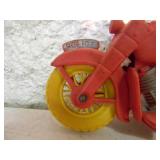 VINTAGE AUBURN POLICE RUBBER MOTORCYCLE, RED W/ YELLOW WHEELS - APPROX 6" LONG By 5" TALL - AWESOME OLD SCHOOL PIECE! - SEE PICTURES!