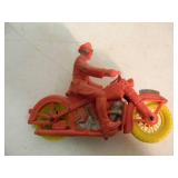 VINTAGE AUBURN POLICE RUBBER MOTORCYCLE, RED W/ YELLOW WHEELS - APPROX 6" LONG By 5" TALL - AWESOME OLD SCHOOL PIECE! - SEE PICTURES!