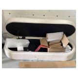 Oval Storage Bench Linen Fabric Upholstered Entryway Bench with Solid Wood Legs Ottoman