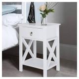 Bonnlo White Nightstand, Small Nightstand with drawer & shelf