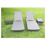 Two Rattan & Wicker Chais Sunlounges & Two Small Tables