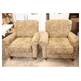 Two Alan White Paisley Tan  Colored Living Room Chairs On Four Wooden Bases