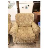 Two Alan White Paisley Tan  Colored Living Room Chairs On Four Wooden Bases