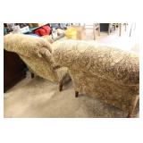 Two Alan White Paisley Tan  Colored Living Room Chairs On Four Wooden Bases