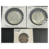 2 US 1964 KENNEDY HALF DOLLARS WITH 1935 MERCURY DIME