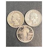 2 US WASHINGTON QUARTERS WITH STANDING LIBERTY QUARTER