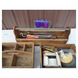 Pepsi crate & wood tool box with saws. As shown.