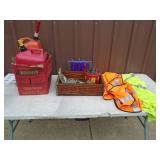Misc gas cans, hardware & safety vest. As shown.