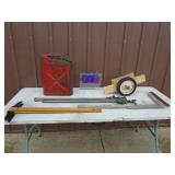 T-sqaures, gas cans, pipe vise & clamps. As shown.