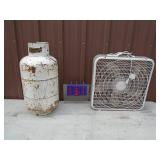 Old propane tank & fan. As shown.