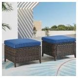 Pocassy 2-Pack Brown Wicker Outdoor Ottoman Steel Frame Footstool with Removable Blue Cushions Customer Returns See Pictures
