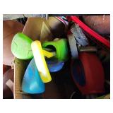 Lot of (2 Boxes) Outdoor/Sports Games and Toys, Hula Hoops, Airport Interlocking Play Mats, Sports Balls, Rackets, Clubs and more