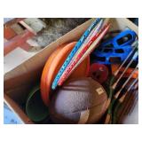 Lot of (2 Boxes) Outdoor/Sports Games and Toys, Hula Hoops, Airport Interlocking Play Mats, Sports Balls, Rackets, Clubs and more